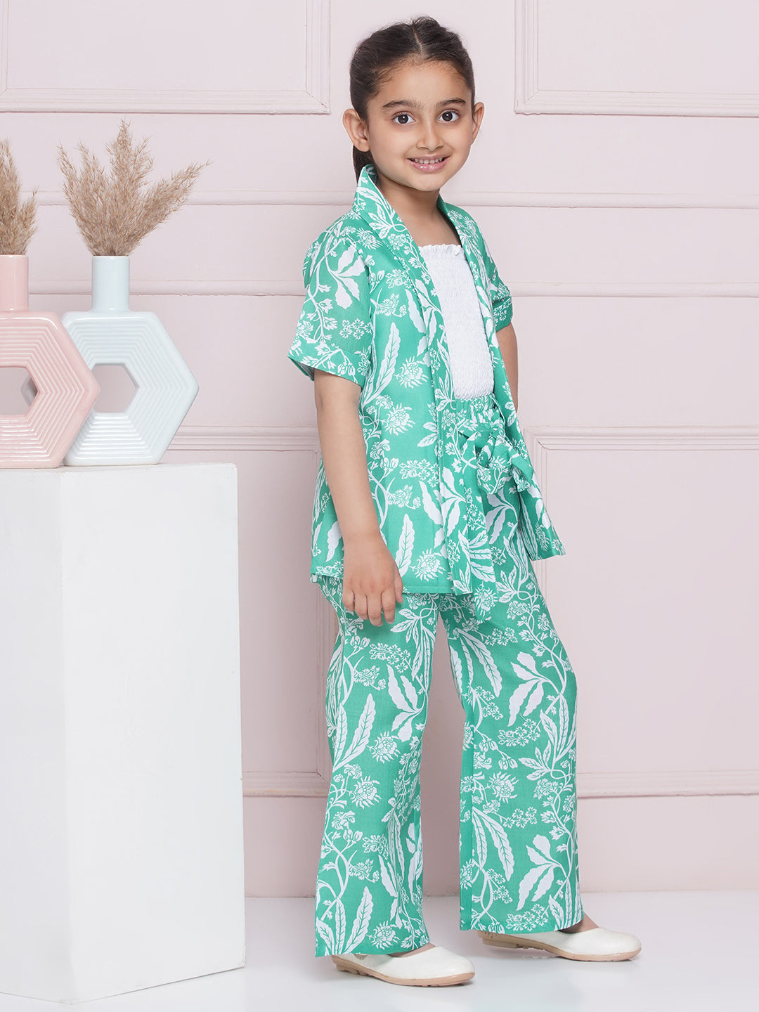 AJ Dezines Half Sleeves Green Tropical Print Cotton Top Pant and Shrug for Girls