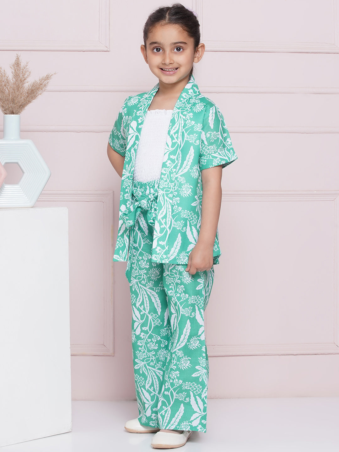 AJ Dezines Half Sleeves Green Tropical Print Cotton Top Pant and Shrug for Girls