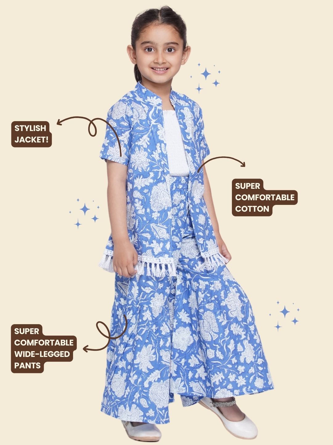 Kids Girls Blue Floral Print Cotton CO-Ords Set