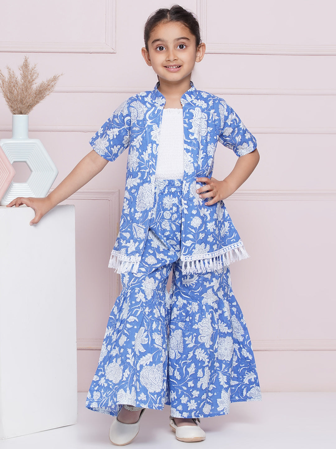 Blue Pure Cotton Half Sleeves Floral Print Co-Ords Set For Girls - AJ Dezines