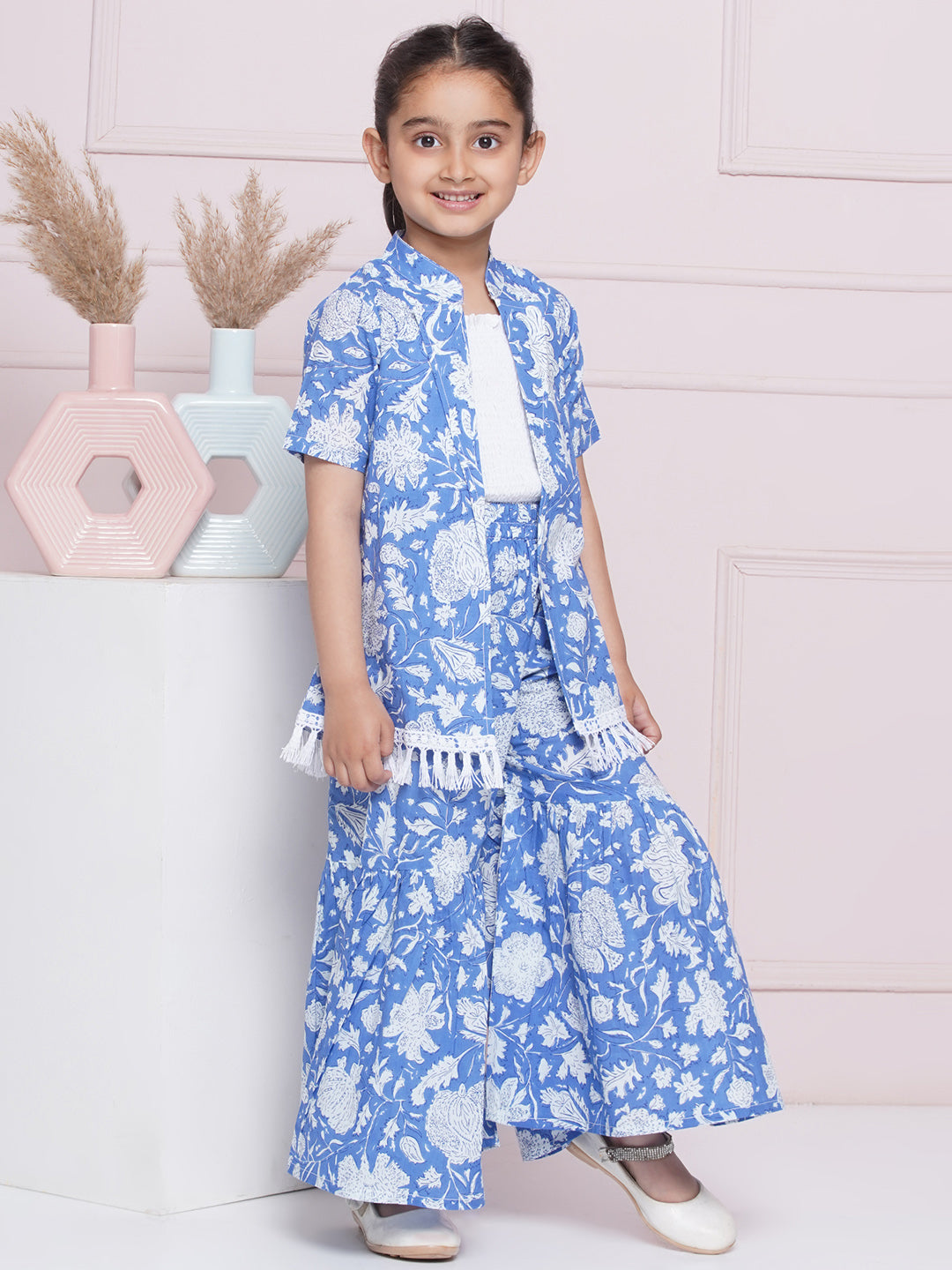 AJ Dezines Half Sleeves Blue Floral Print Cotton Top Pant and Shrug for Girls
