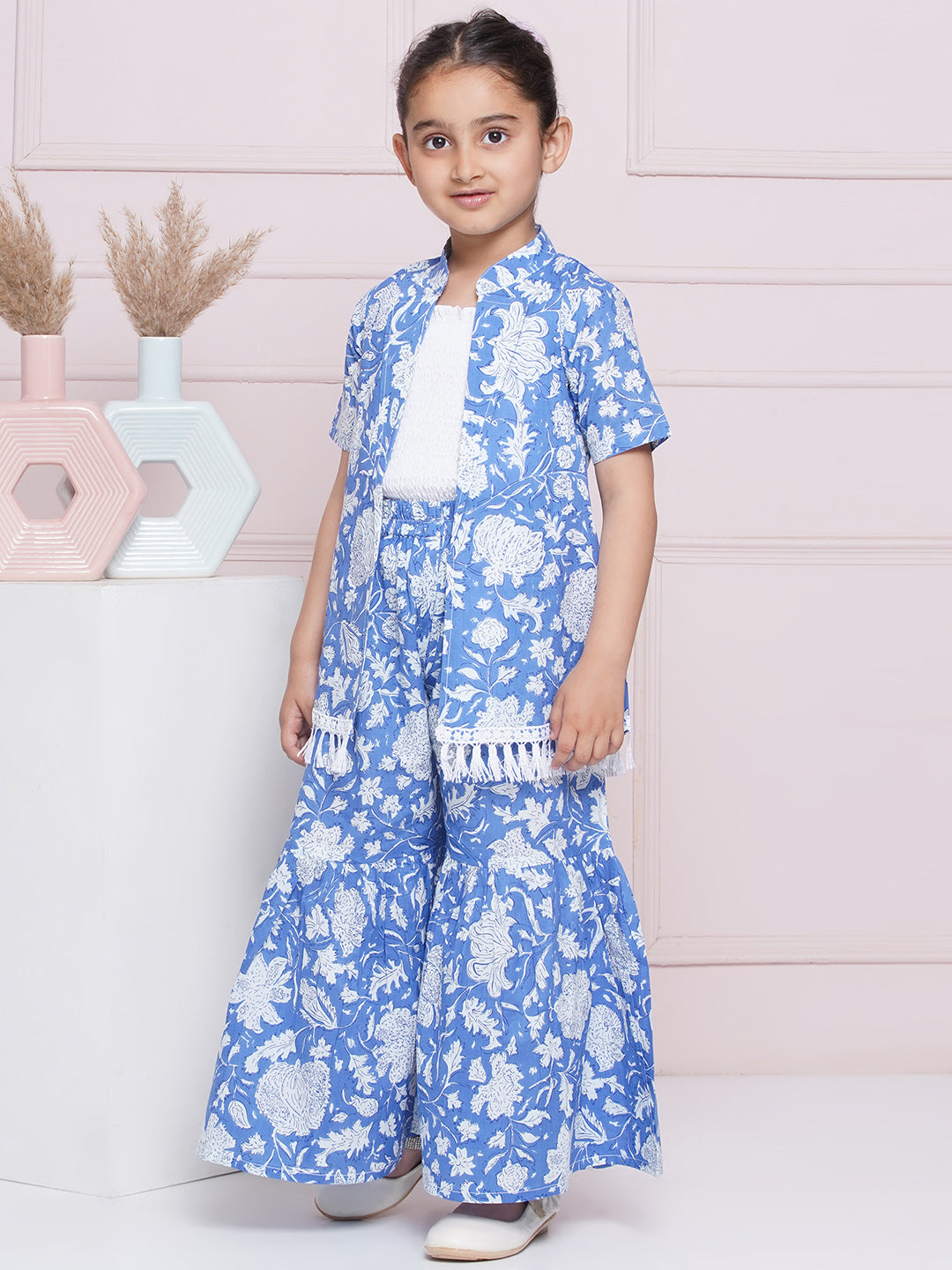 Blue Pure Cotton Half Sleeves Floral Print Co-Ords Set For Girls - AJ Dezines