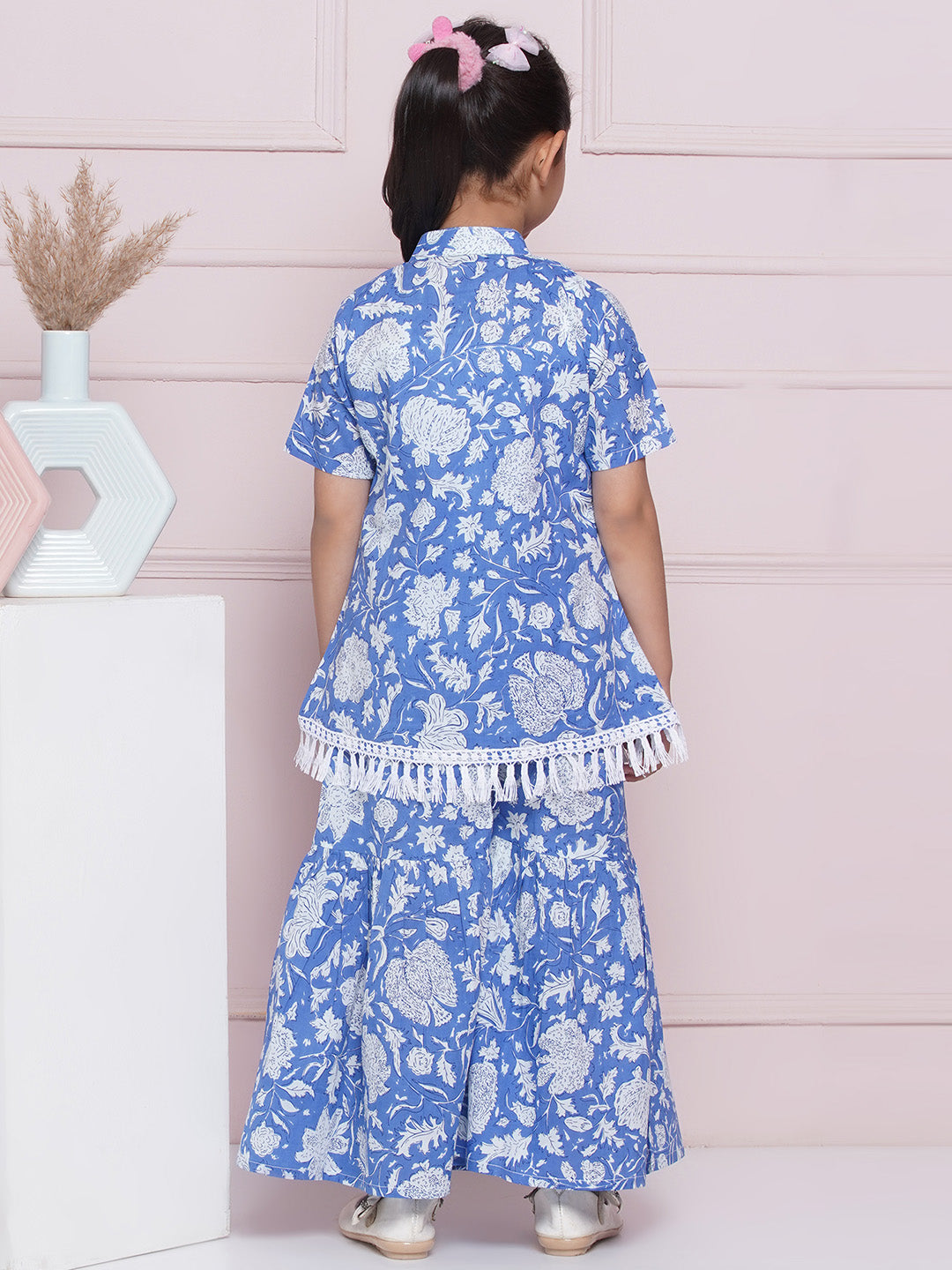 Blue Pure Cotton Half Sleeves Floral Print Co-Ords Set For Girls - AJ Dezines