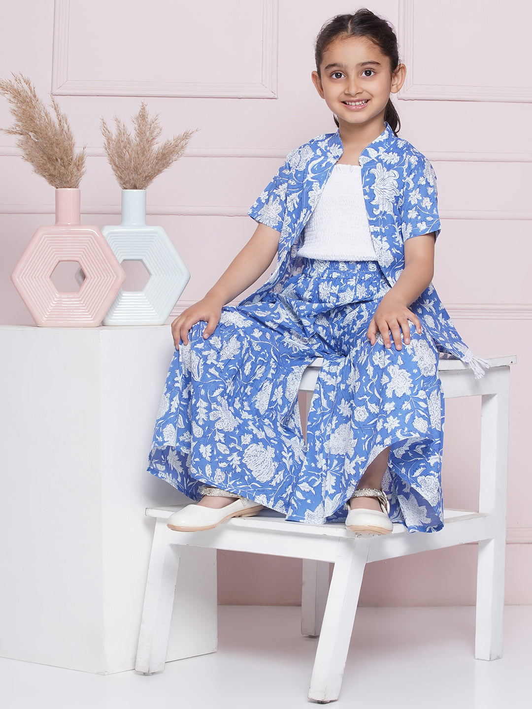 Blue Pure Cotton Half Sleeves Floral Print Co-Ords Set For Girls - AJ Dezines