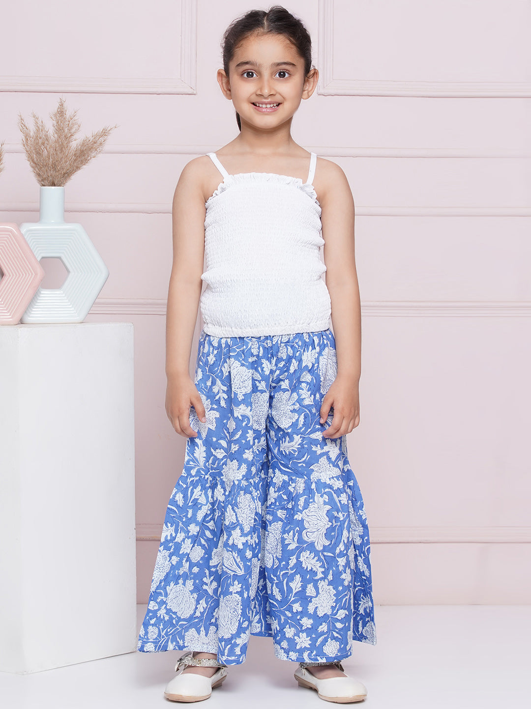Blue Pure Cotton Half Sleeves Floral Print Co-Ords Set For Girls - AJ Dezines