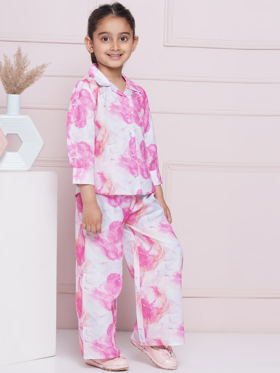 AJ Dezines Full Sleeves Pink Watermark Print Cotton Top and Pant for Girls