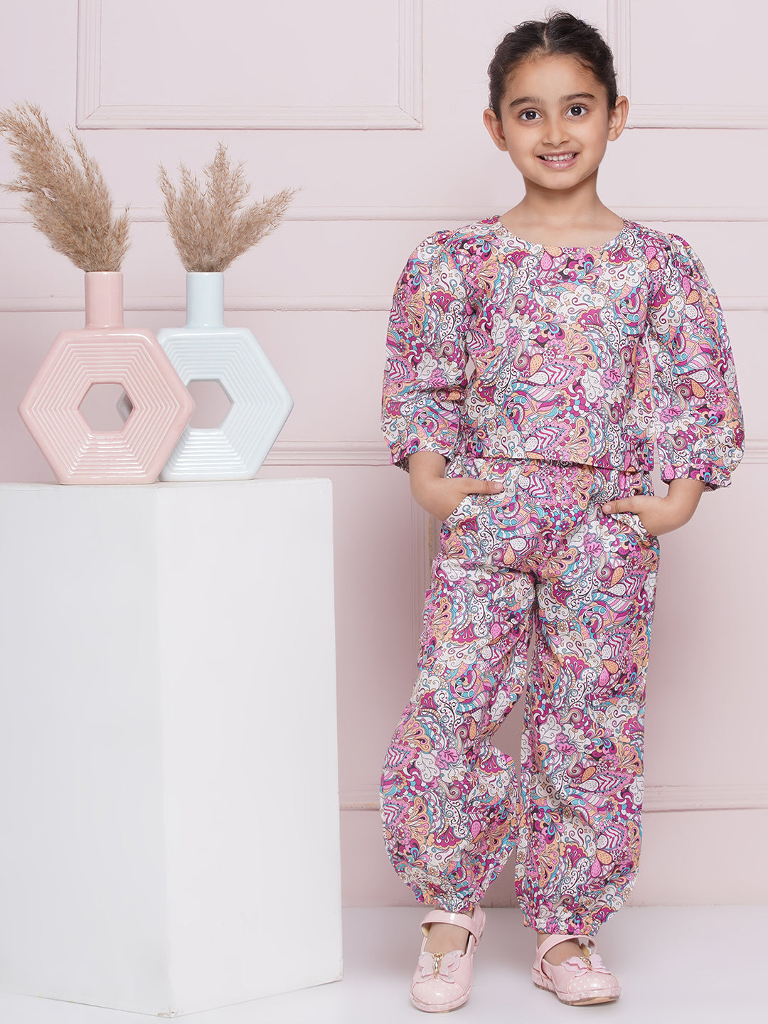 Kids Girls Purple Floral Print Cotton CO-Ords Set