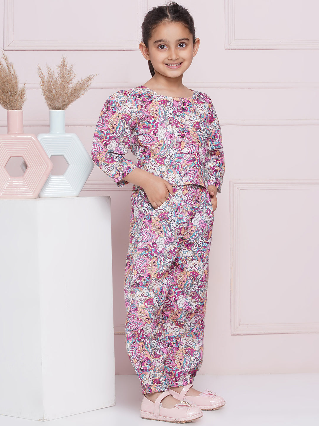 Kids Girls Purple Floral Print Cotton CO-Ords Set