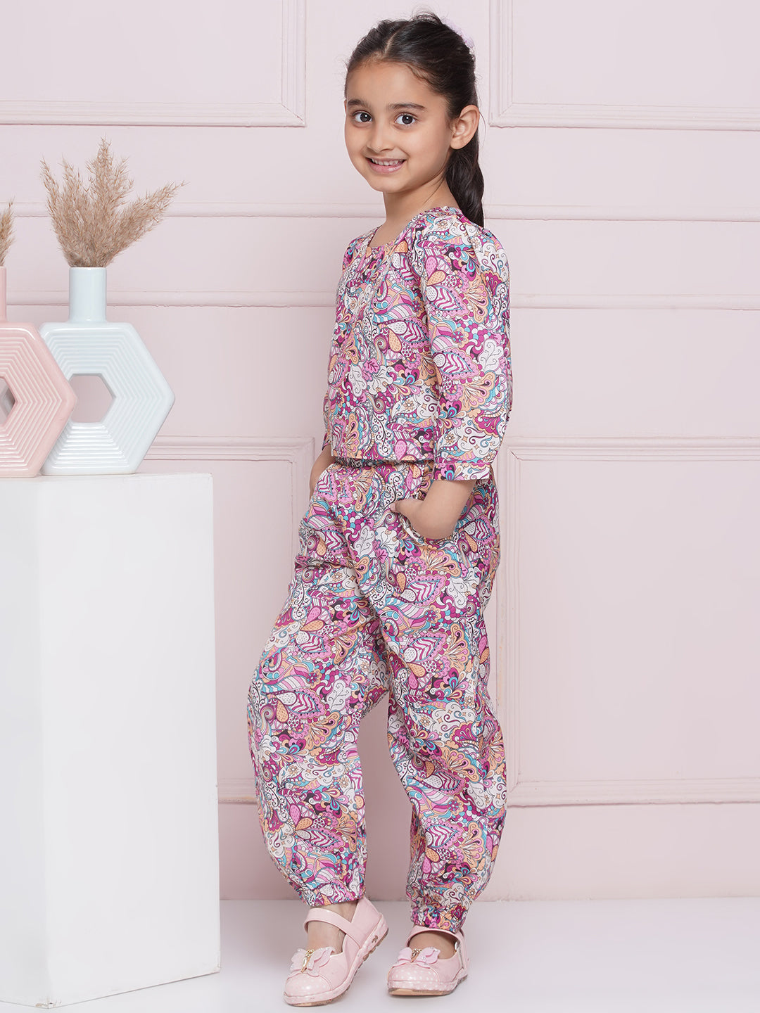 AJ Dezines Full Sleeves Purple Floral Print Cotton Top and Pant for Girls
