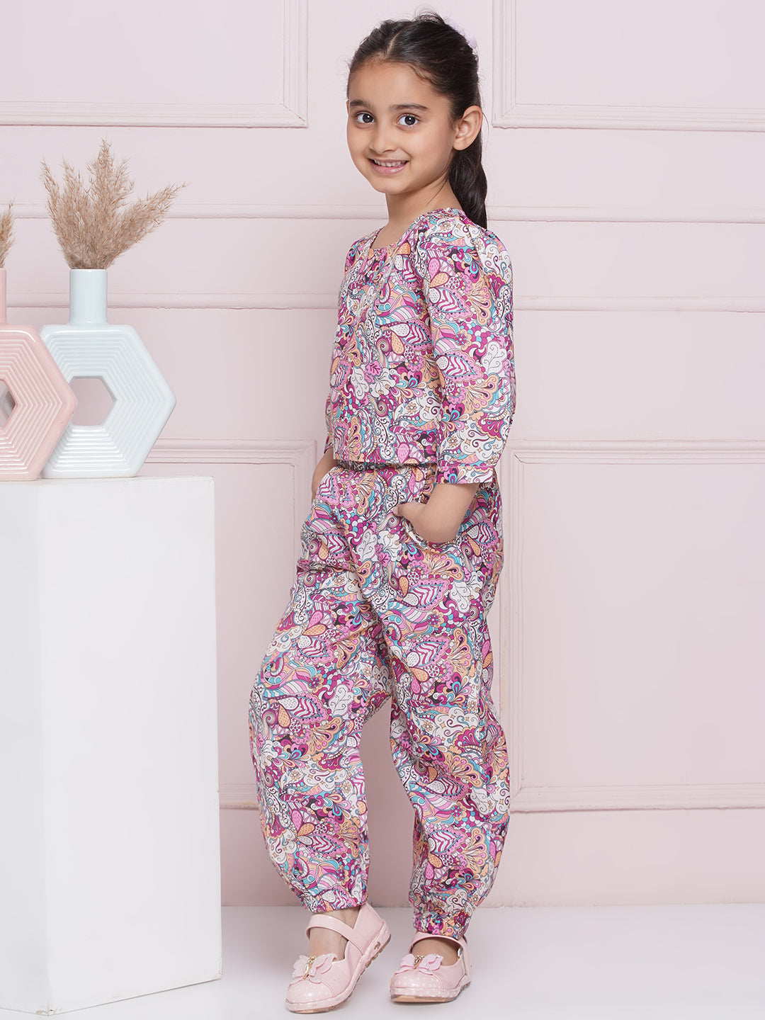 Kids Girls Purple Floral Print Cotton CO-Ords Set