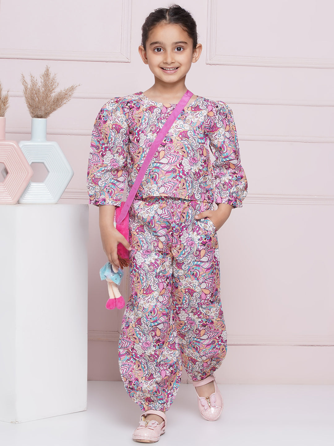 Kids Girls Purple Floral Print Cotton CO-Ords Set - AJ Dezines