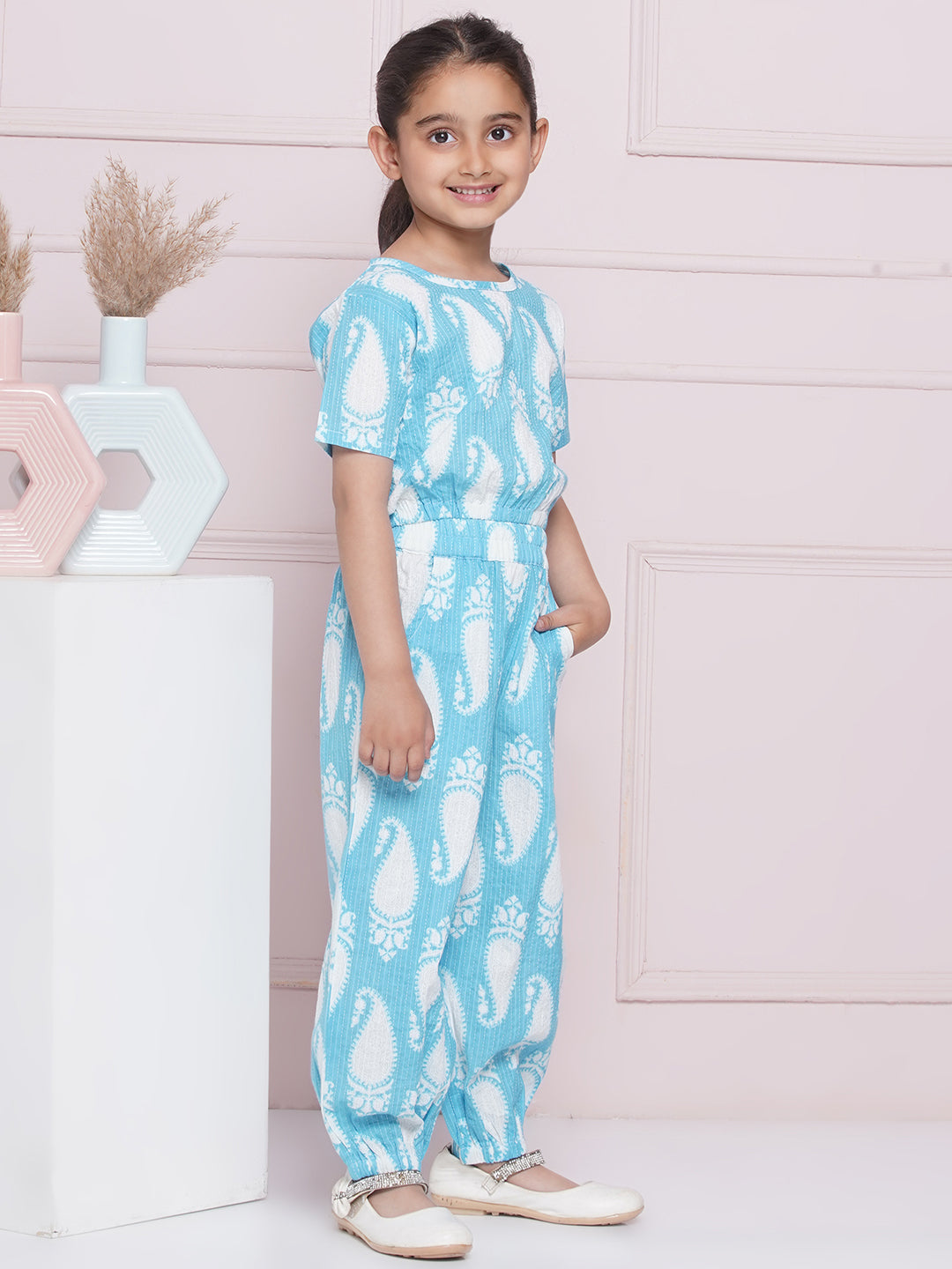 AJ Dezines Half Sleeves Blue Paisley Print Cotton Top and Pant for Girls