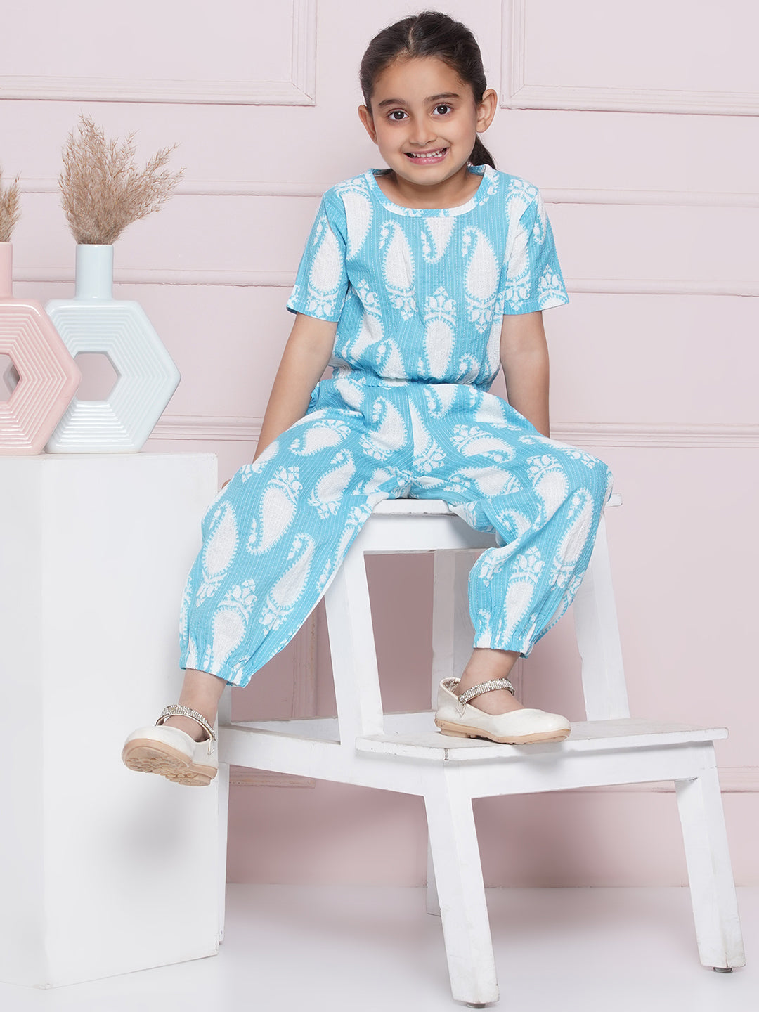 AJ Dezines Half Sleeves Blue Paisley Print Cotton Top and Pant for Girls