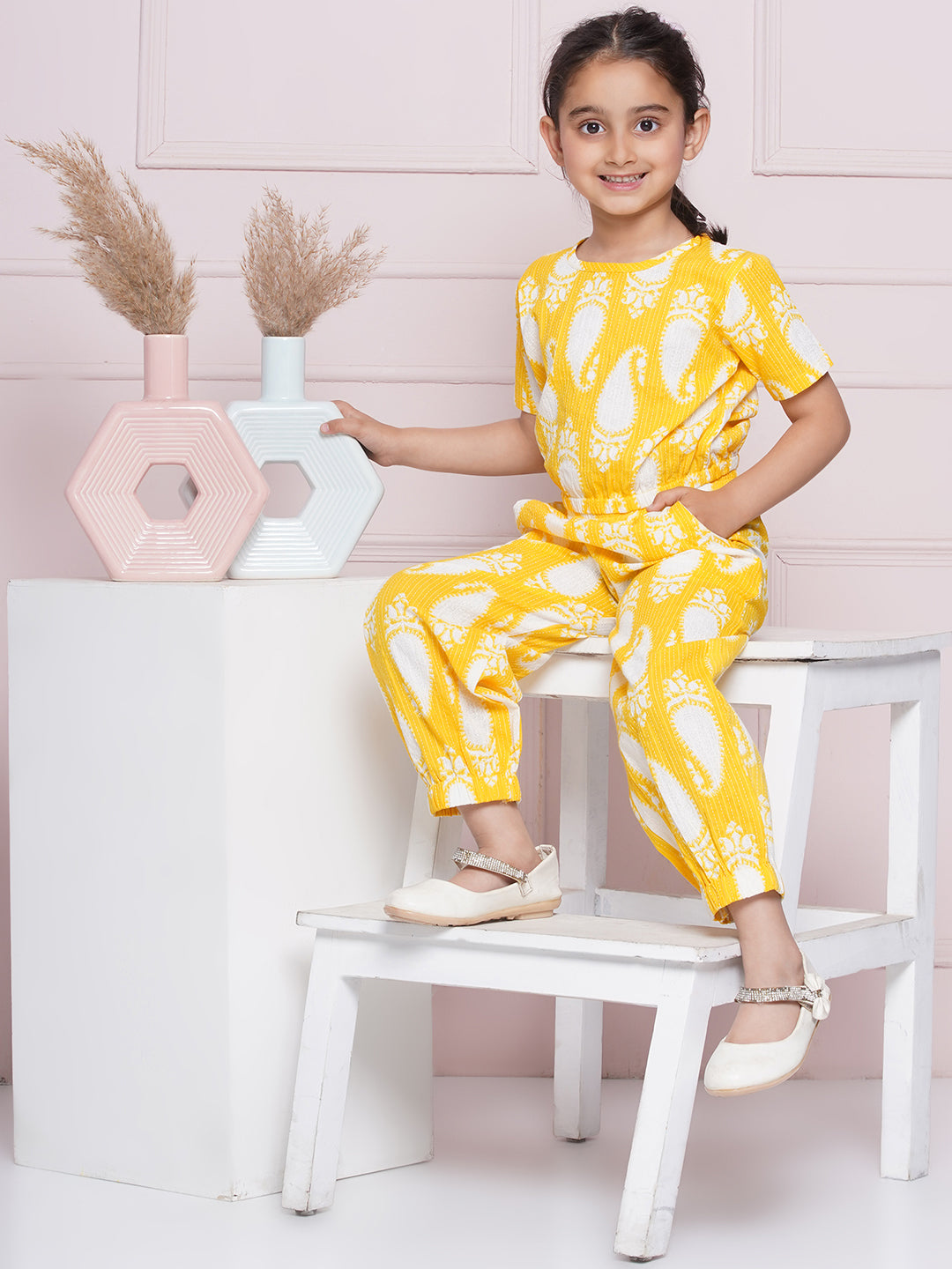 AJ Dezines Half Sleeves Yellow Paisley Print Cotton Top and Pant for Girls