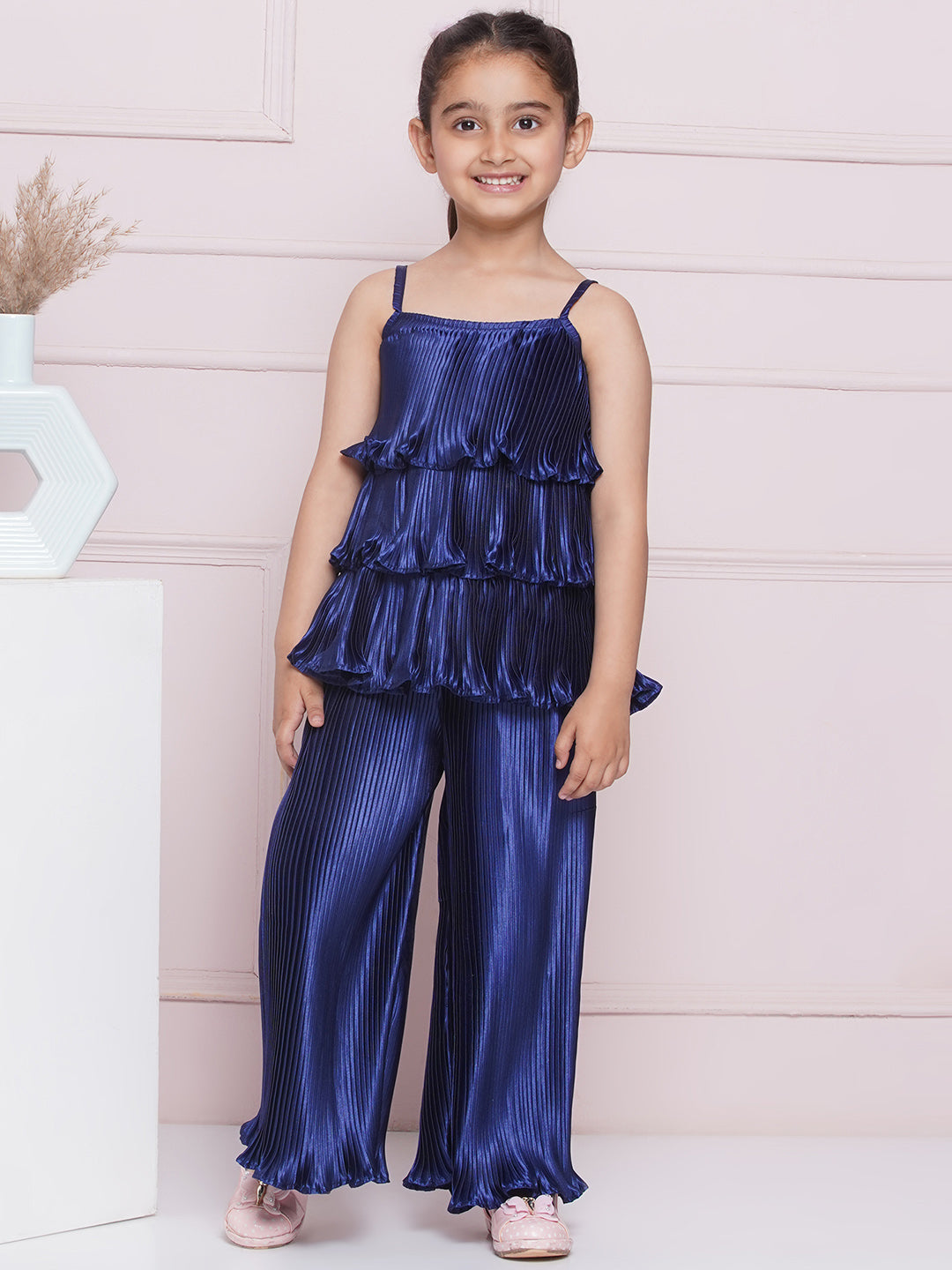 AJ Dezines Sleeveless Navy Solid Satin Top and Pant for Girls