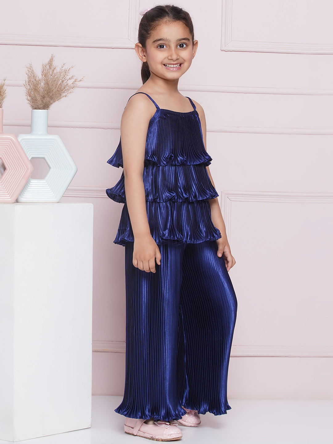 AJ Dezines Sleeveless Navy Solid Satin Top and Pant for Girls