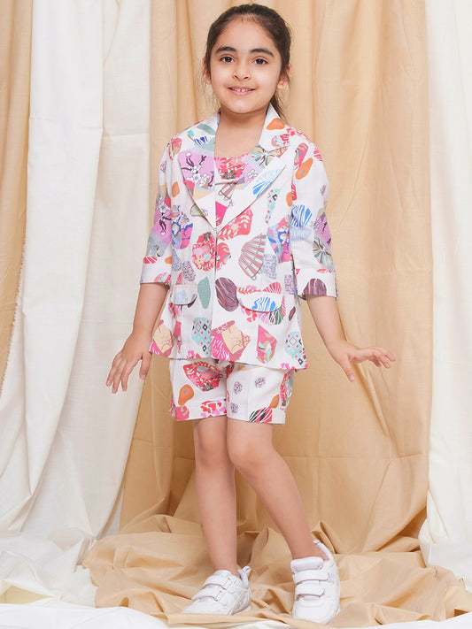 AJ Dezines Three Fourth sleeves Multi Color Printed Cotton Top Half Pant and Jacket for Girls