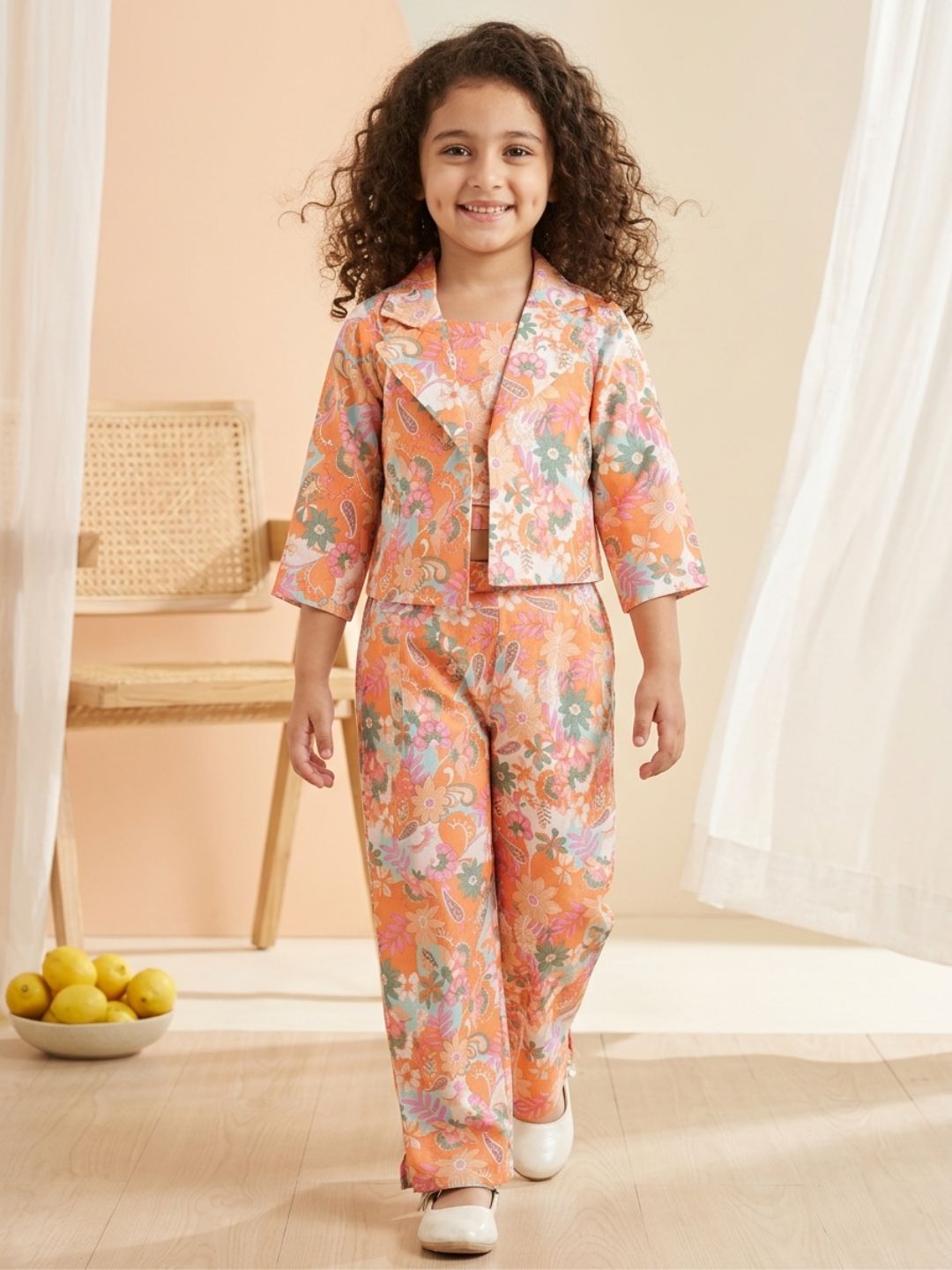 Kids Girls Orange Printed Cotton CO-Ords Set