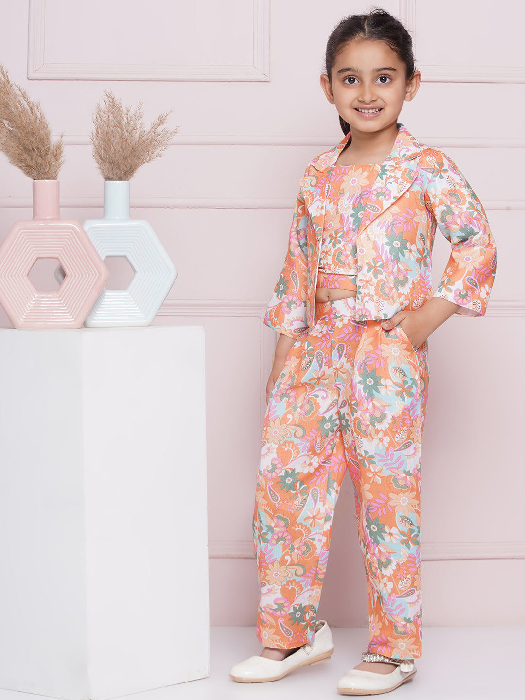 Kids Girls Orange Printed Cotton CO-Ords Set - AJ Dezines