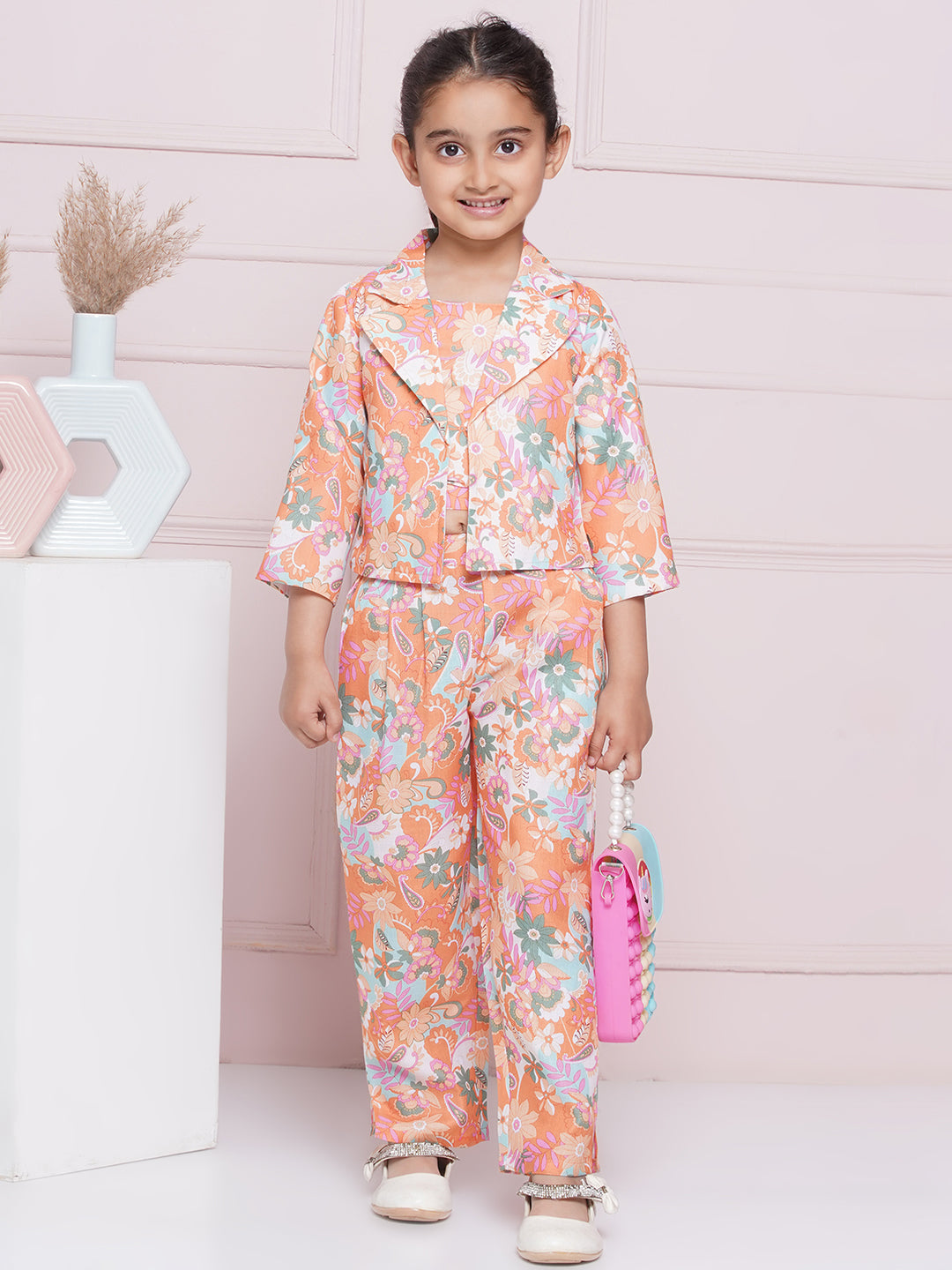 Kids Girls Orange Printed Cotton CO-Ords Set