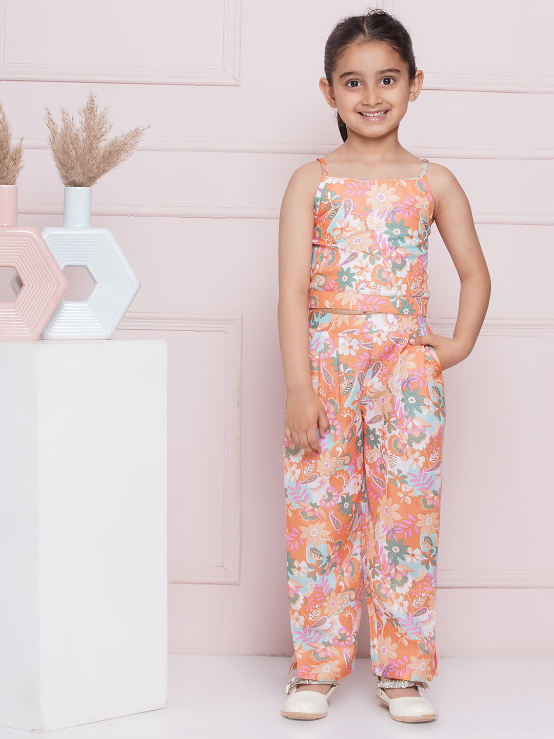 Kids Girls Orange Printed Cotton CO-Ords Set