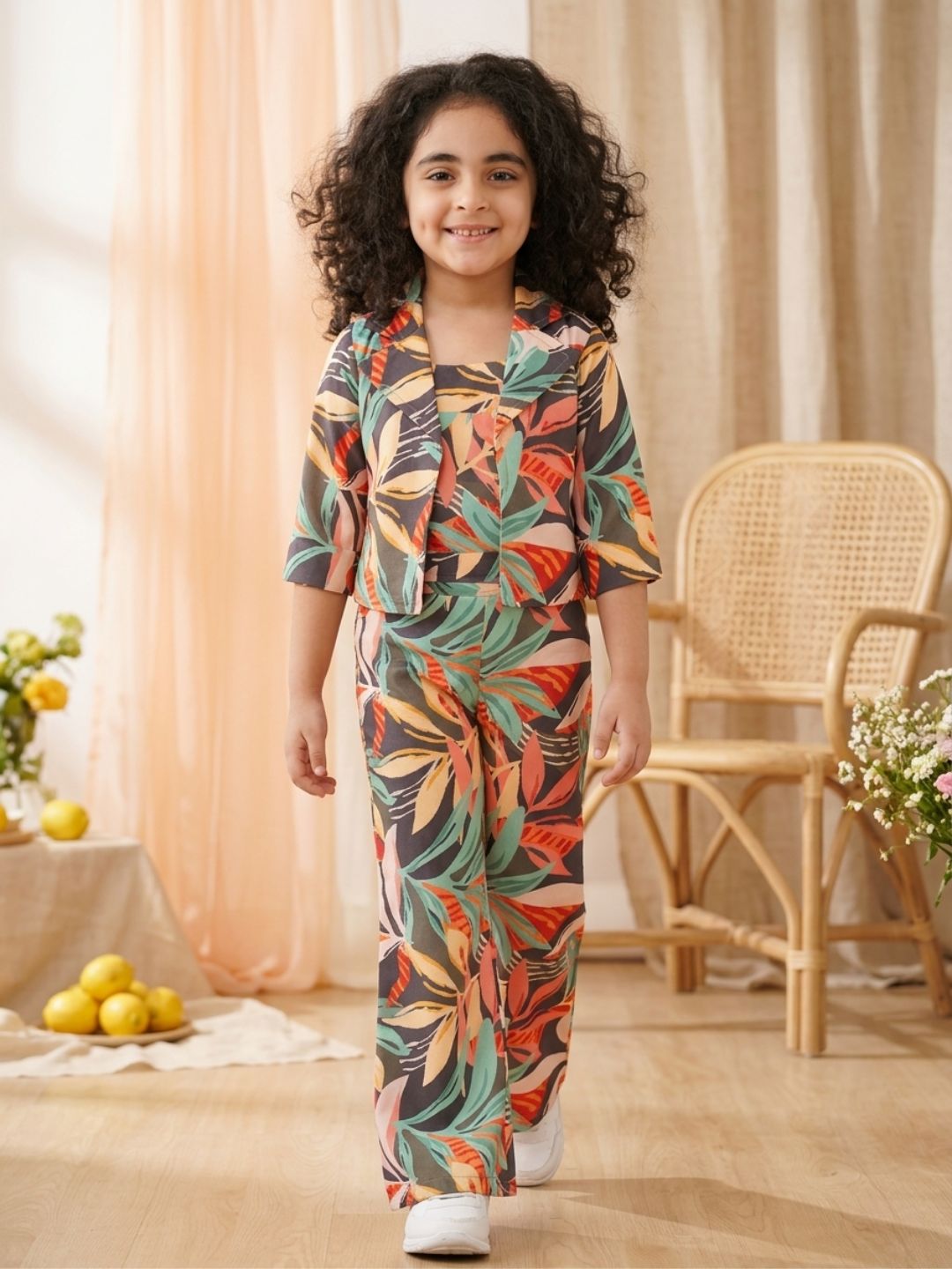 Kids Girls Multi Color Printed Cotton CO-Ords Set