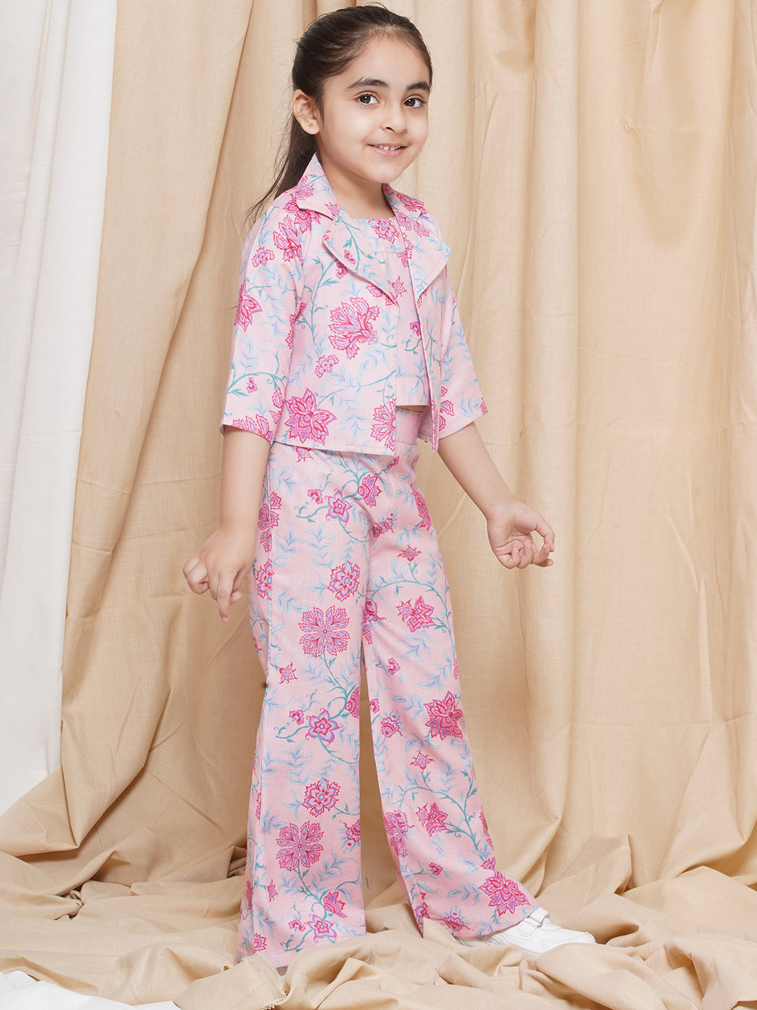 AJ Dezines Three Fourth sleeves Pink Printed Cotton Top Pant and Jacket for Girls