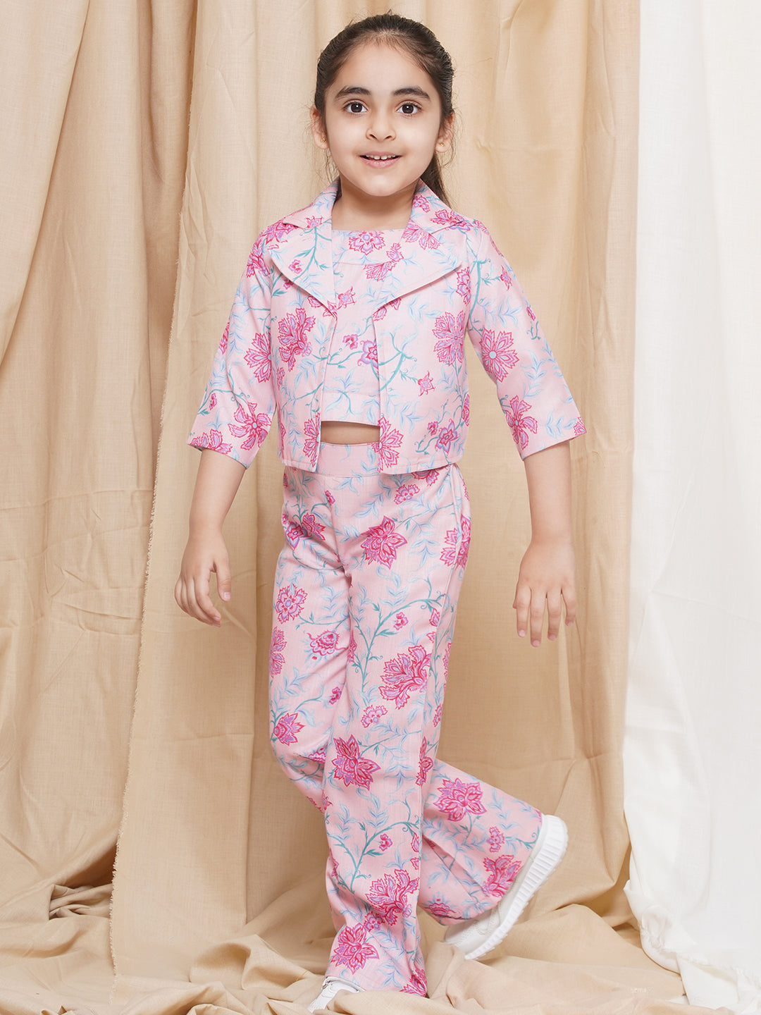 AJ Dezines Three Fourth sleeves Pink Printed Cotton Top Pant and Jacket for Girls