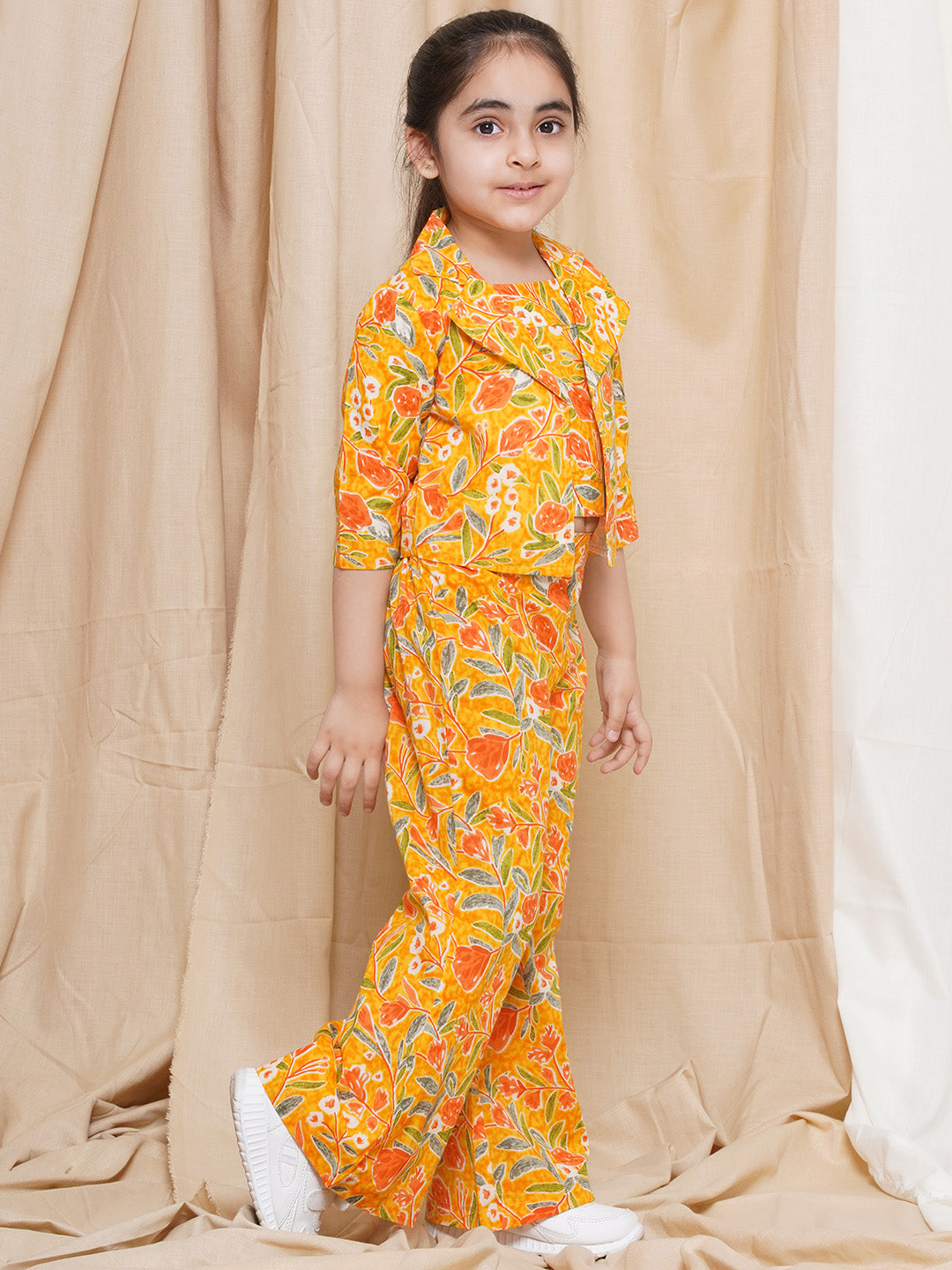 AJ Dezines Three Fourth sleeves Yellow Printed Cotton Top Pant and Jacket for Girls