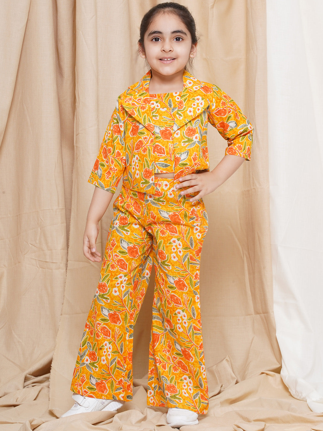 AJ Dezines Three Fourth sleeves Yellow Printed Cotton Top Pant and Jacket for Girls