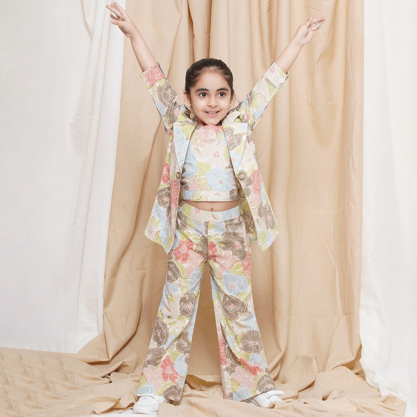 AJ Dezines Three Fourth sleeves Light Brown Printed Cotton Top Pant and Jacket for Girls