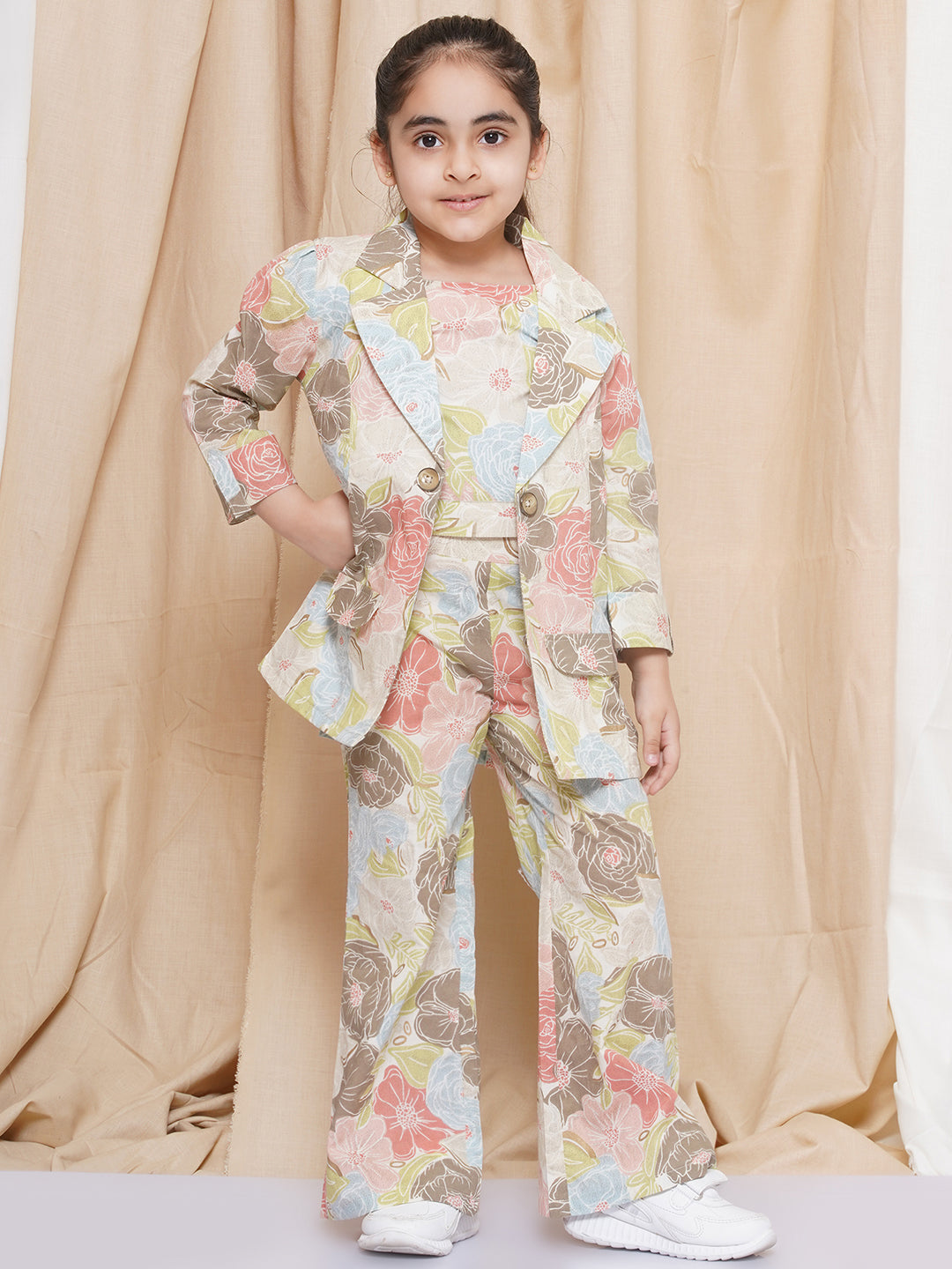 AJ Dezines Three Fourth sleeves Light Brown Printed Cotton Top Pant and Jacket for Girls