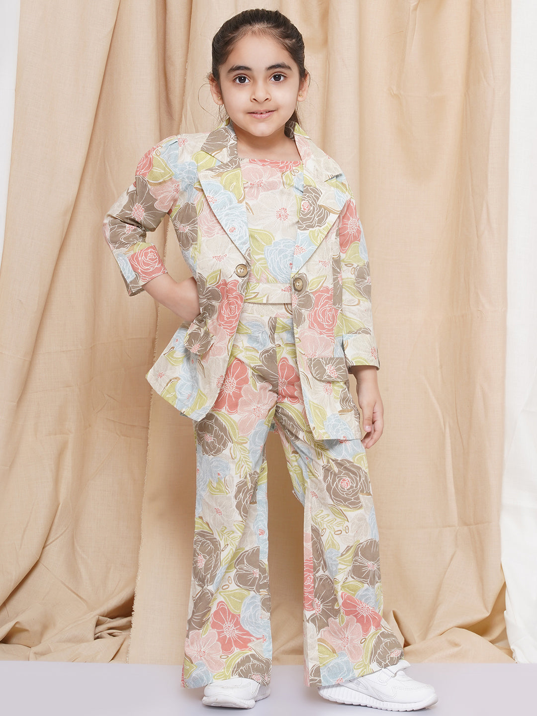 Kids Girls Brown Printed Cotton CO-Ords Set