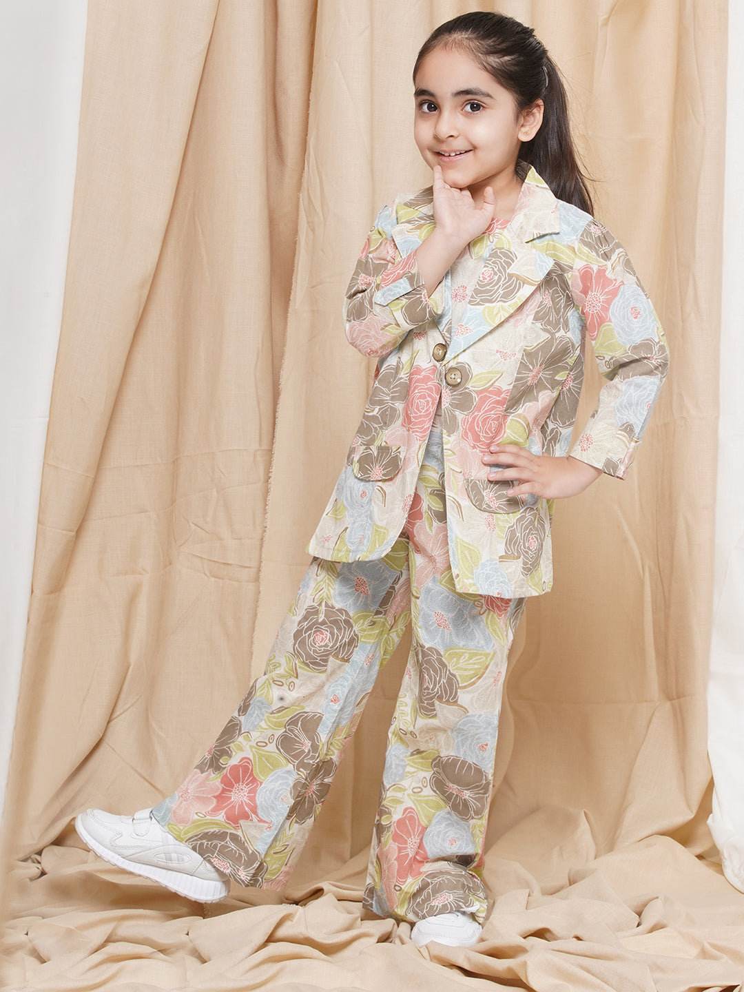 Kids Girls Brown Printed Cotton CO-Ords Set