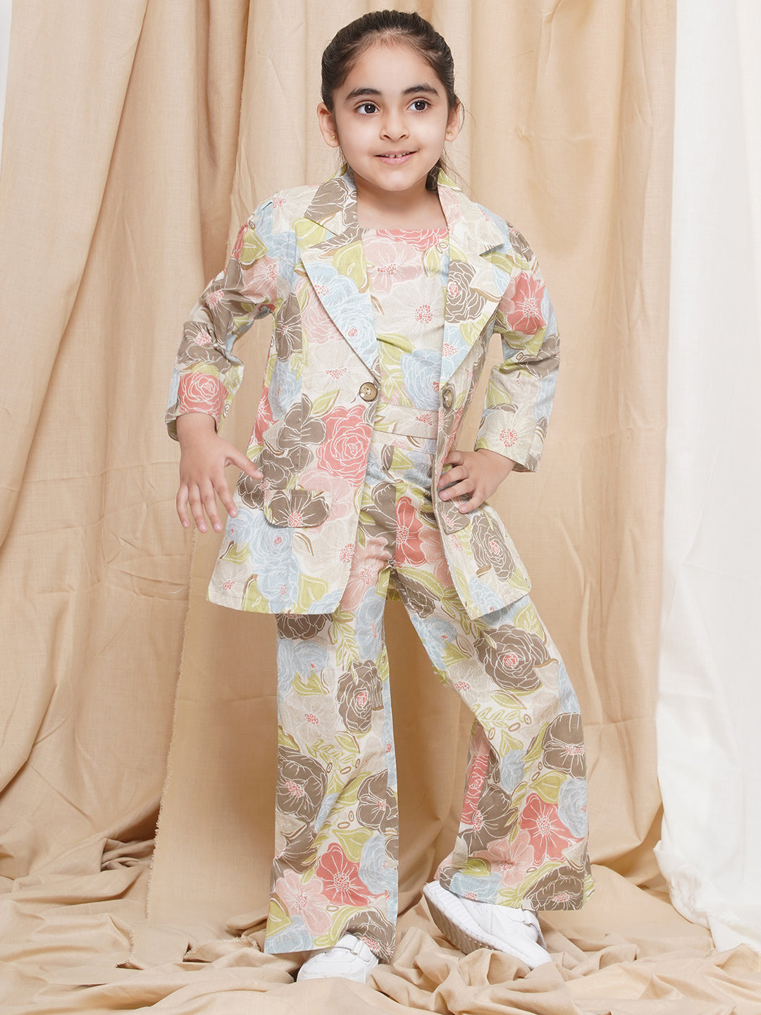 Kids Girls Brown Printed Cotton CO-Ords Set