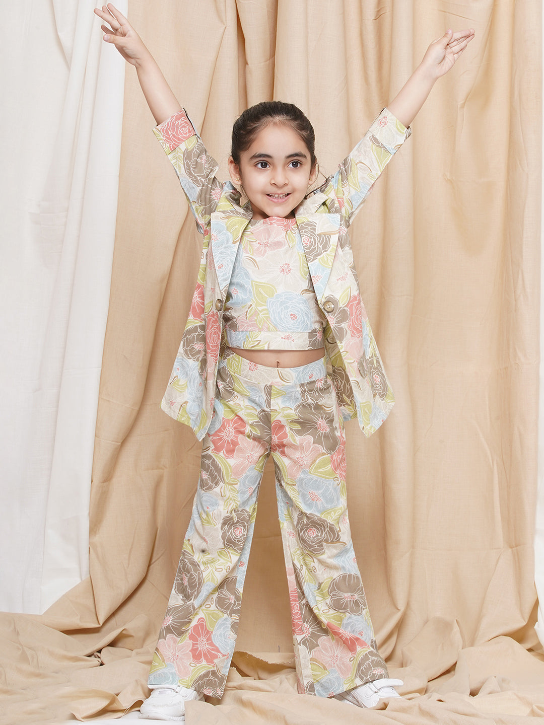 AJ Dezines Three Fourth sleeves Light Brown Printed Cotton Top Pant and Jacket for Girls