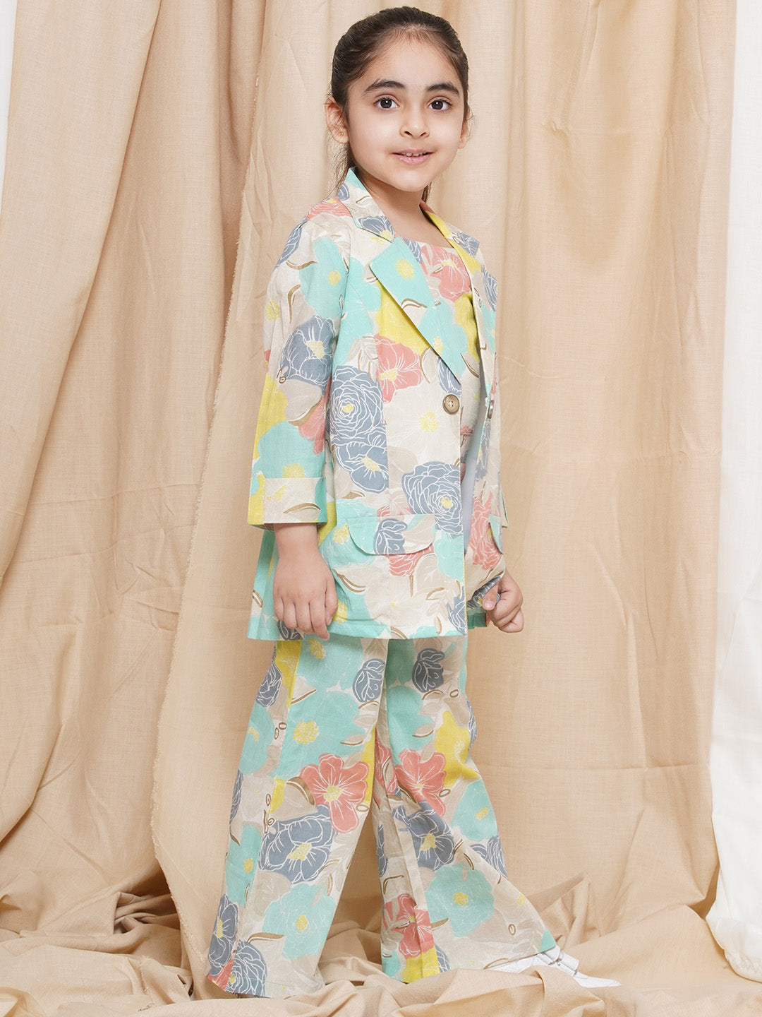 AJ Dezines Three Fourth sleeves Multi Color Printed Cotton Top Pant and Jacket for Girls