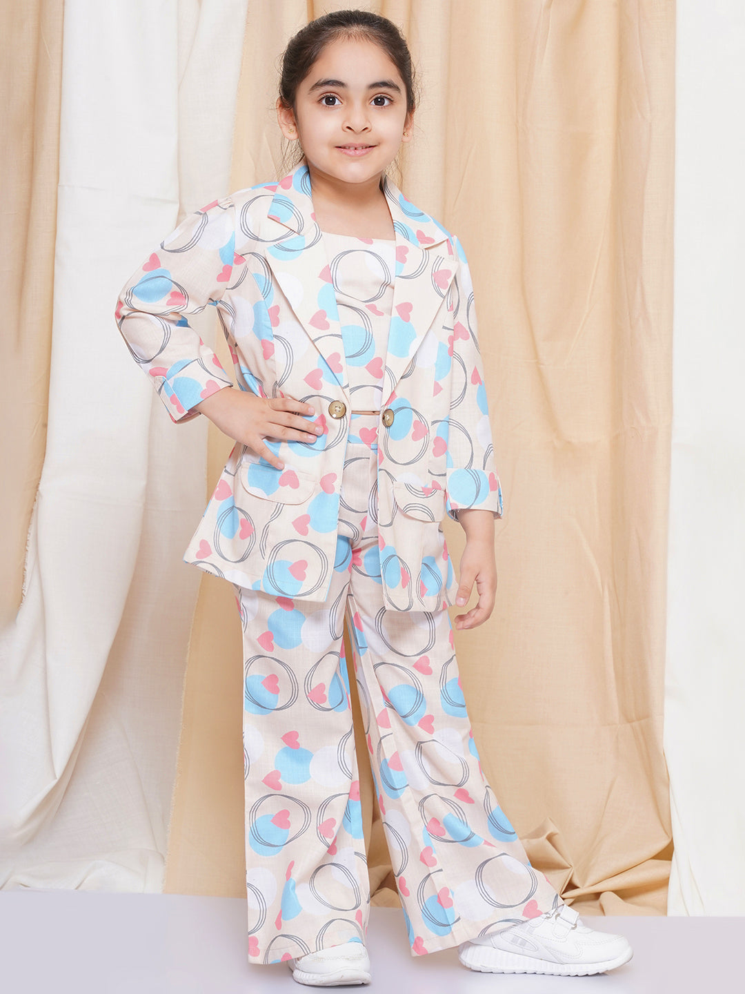 AJ Dezines Three Fourth sleeves Blue Color Printed Cotton Top Pant and Jacket for Girls