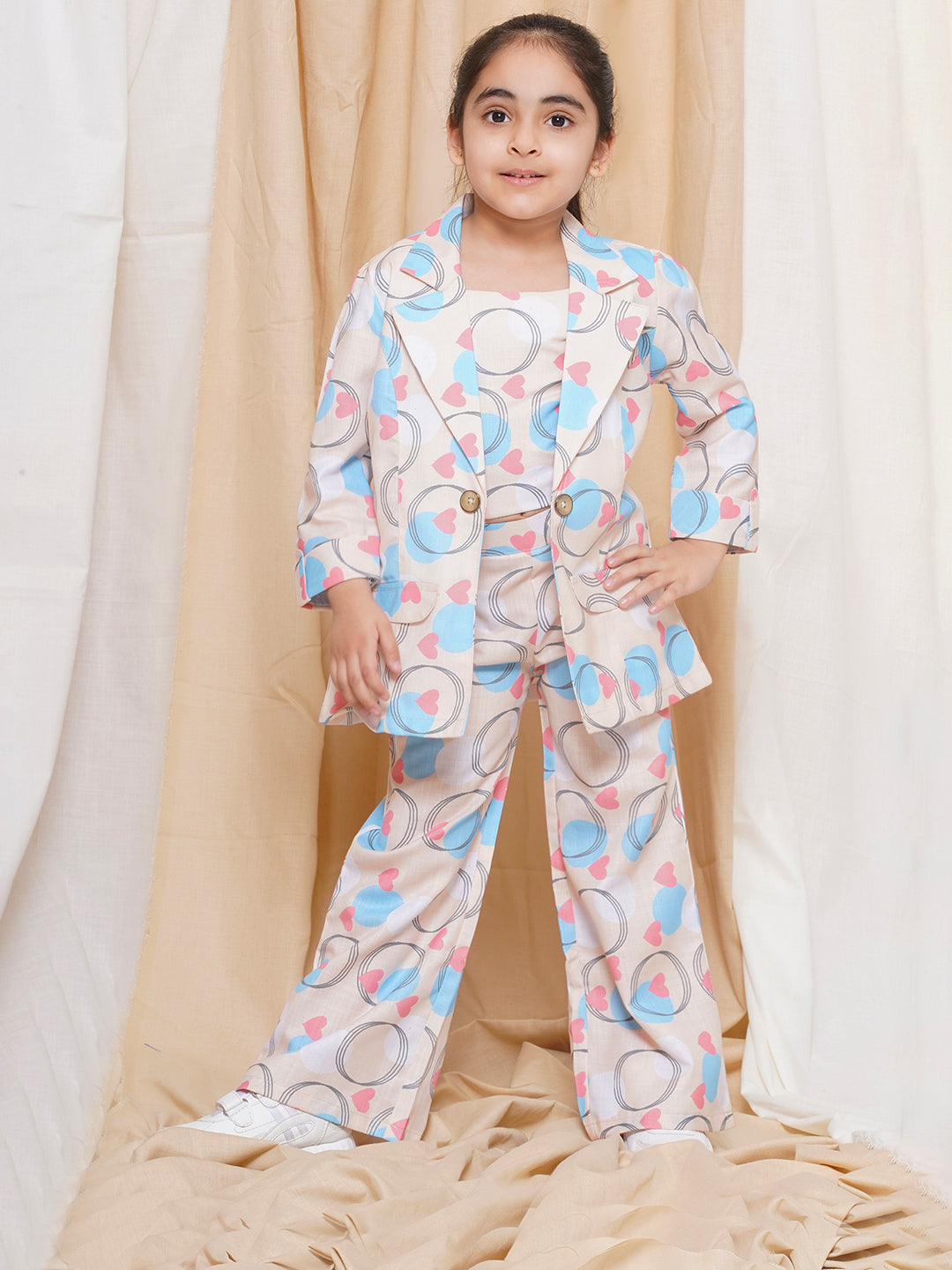 AJ Dezines Three Fourth sleeves Blue Color Printed Cotton Top Pant and Jacket for Girls