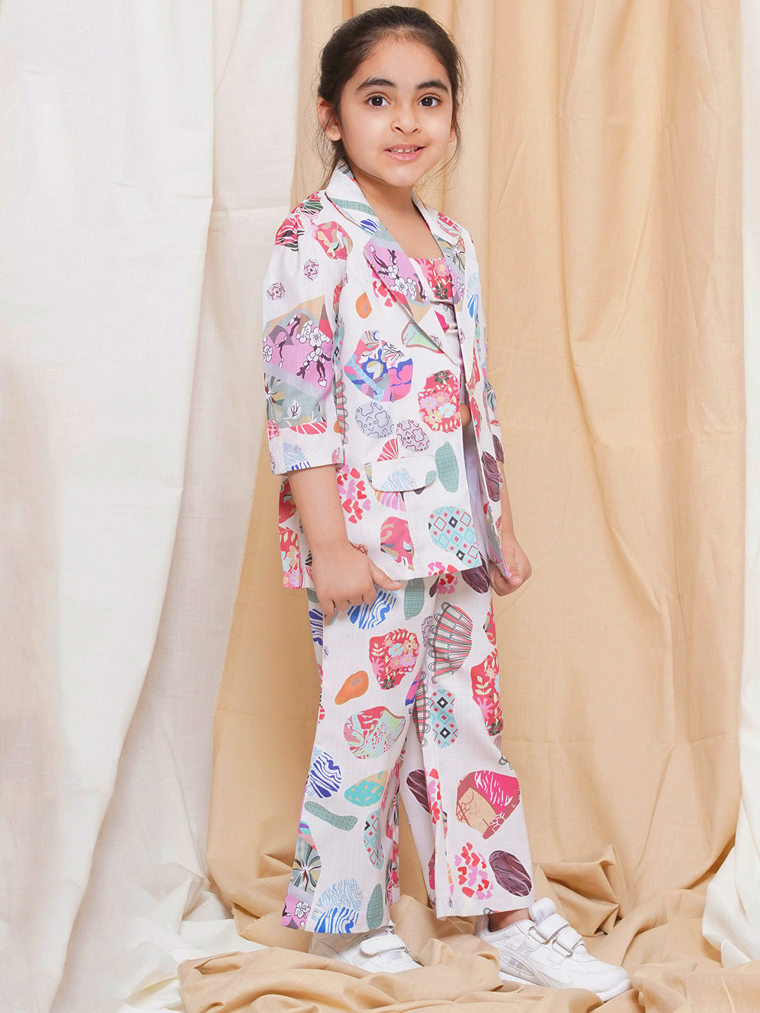 AJ Dezines Three Fourth sleeves Pink Color Printed Cotton Top Pant and Jacket for Girls