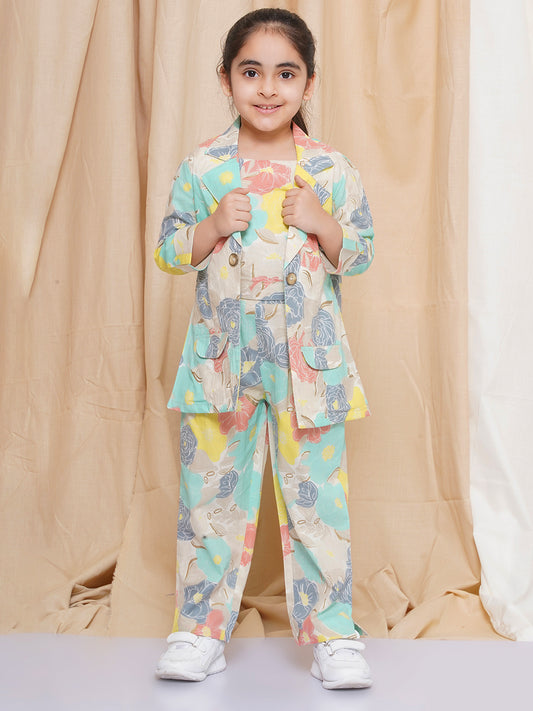 AJ Dezines Three Fourth sleeves Multi Color Printed Cotton Top Pant and Jacket for Girls
