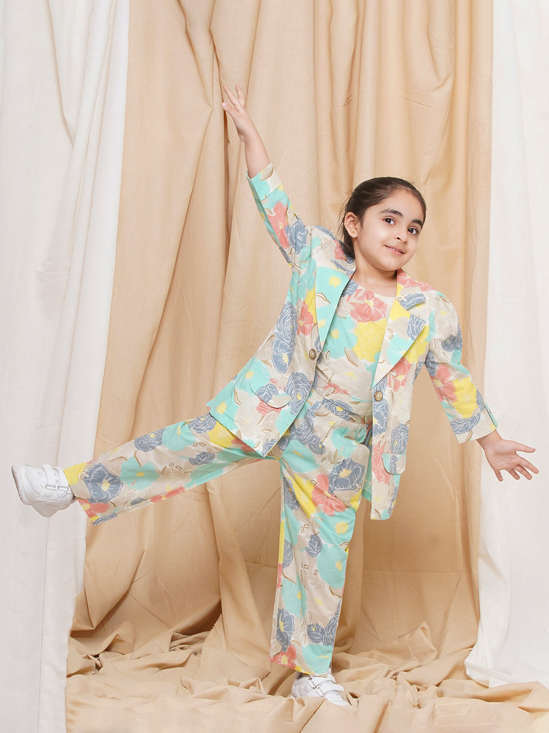 AJ Dezines Three Fourth sleeves Multi Color Printed Cotton Top Pant and Jacket for Girls