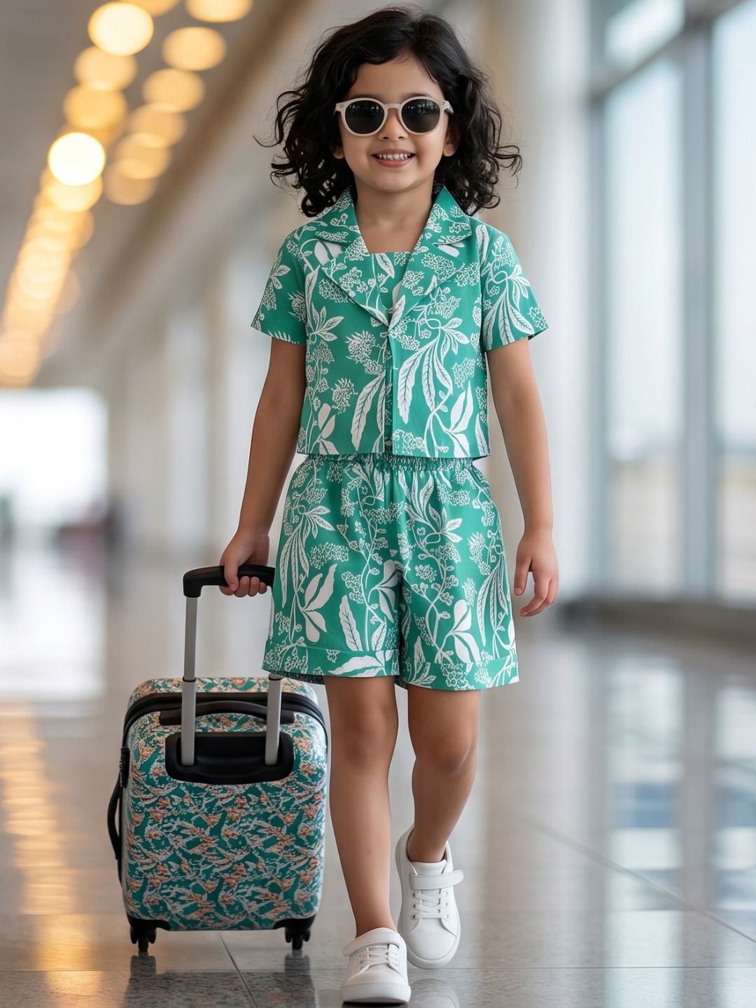 GREEN Pure Cotton Half Sleeves Floral Print Half pant and Jacket Co-Ords Set for Girls
