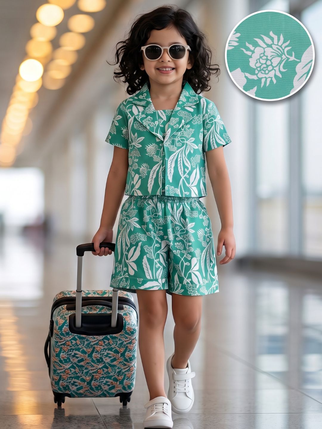 GREEN Pure Cotton Half Sleeves Floral Print Half pant and Jacket Co-Ords Set for Girls