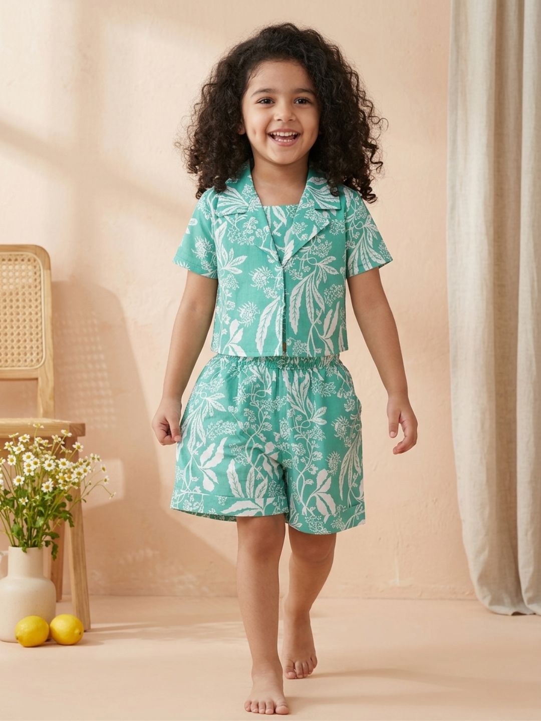 GREEN Pure Cotton Half Sleeves Floral Print Half pant and Jacket Co-Ords Set for Girls