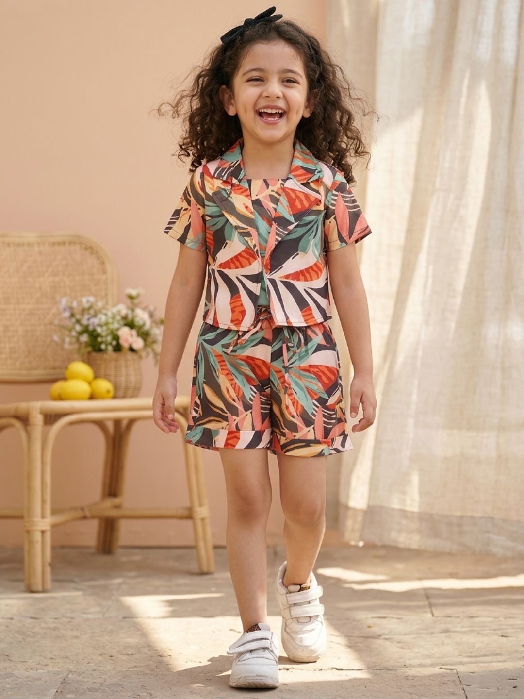 MULTI-COLOR Pure Cotton Half Sleeves abstract Print Half pant and Jacket Co-Ords Set for Girls