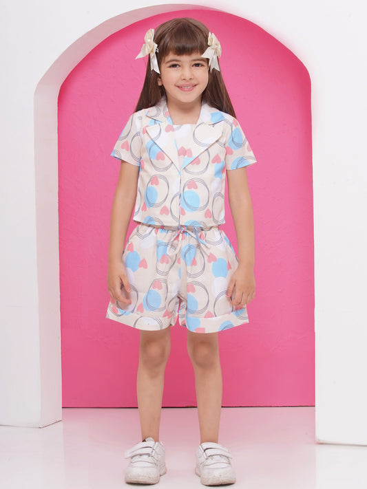 Aj Dezines Multi-Color Pure Cotton Half-Sleeves Love Print Half Pant And Jacket Co-Ords Set For Girls