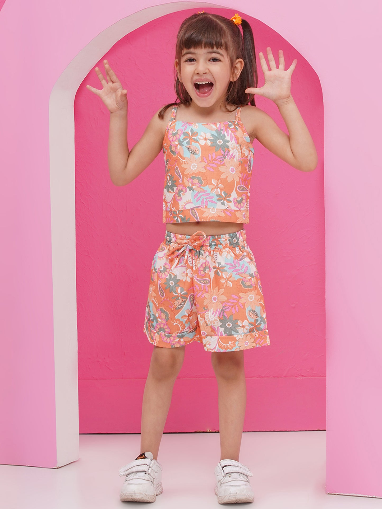 Multi color Pure Cotton Sleeveless Floral Print Co-Ords Set for Girls