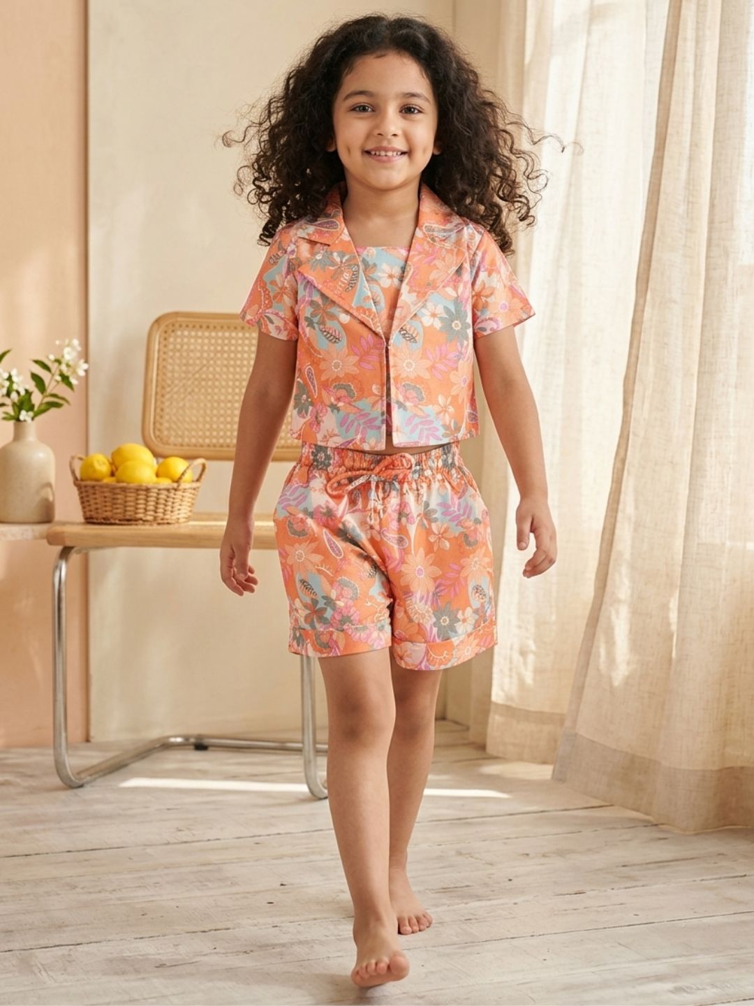 Multi color Pure Cotton Sleeveless Floral Print Co-Ords Set for Girls