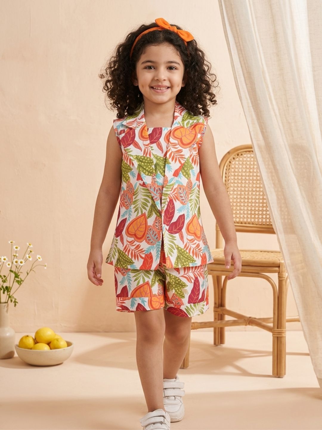 MULTI-COLOR Pure Cotton Sleeveless Floral Print Half pant and Jacket Co-Ords Set for Girls